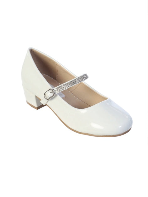 GIRLS PATENT LEATHER BLOCKED HEEL SHOES WITH RHINESTONE STRAP
