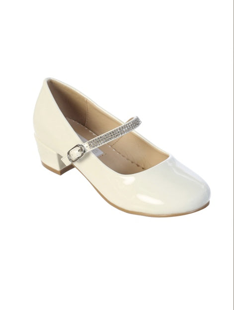 GIRLS PATENT LEATHER BLOCKED HEEL SHOES WITH RHINESTONE STRAP