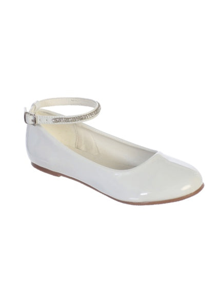 GIRLS SHINY PATENT LEATHER FLATS A RHINESTONE ANKLE STRAP
