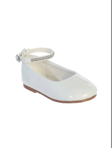 GIRLS SHINY PATENT LEATHER FLATS A RHINESTONE ANKLE STRAP