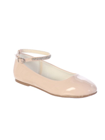 GIRLS SHINY PATENT LEATHER FLATS A RHINESTONE ANKLE STRAP