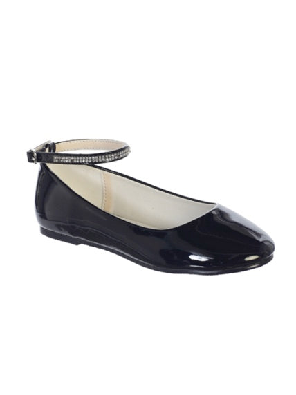 GIRLS SHINY PATENT LEATHER FLATS A RHINESTONE ANKLE STRAP