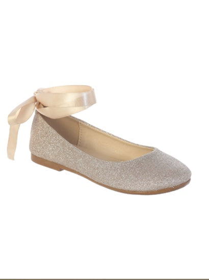 GLITTER BALLERINA SHOES WITH A SATIN RIBBON ANKLE TIE