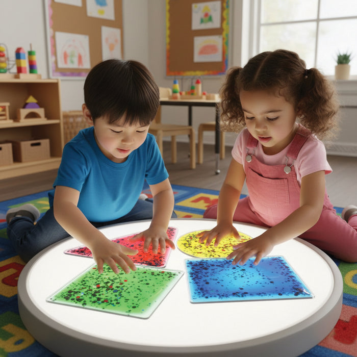 Two children playing with colorful mats on a round table in a classroom setting.