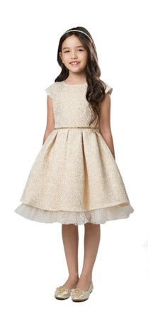 GOLD DETAIL JACQUARD WITH PEEK A BOO CRYSTAL TULLE AT HEM&GOLD RHINESTONE WAIST TRIM