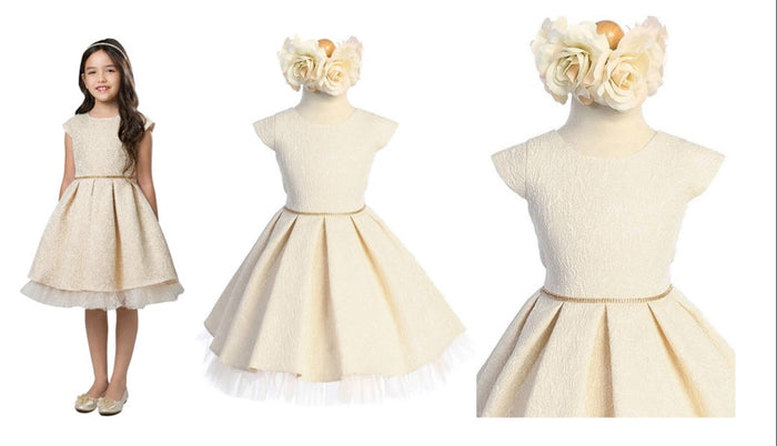 GOLD DETAIL JACQUARD WITH PEEK A BOO CRYSTAL TULLE AT HEM&GOLD RHINESTONE WAIST TRIM