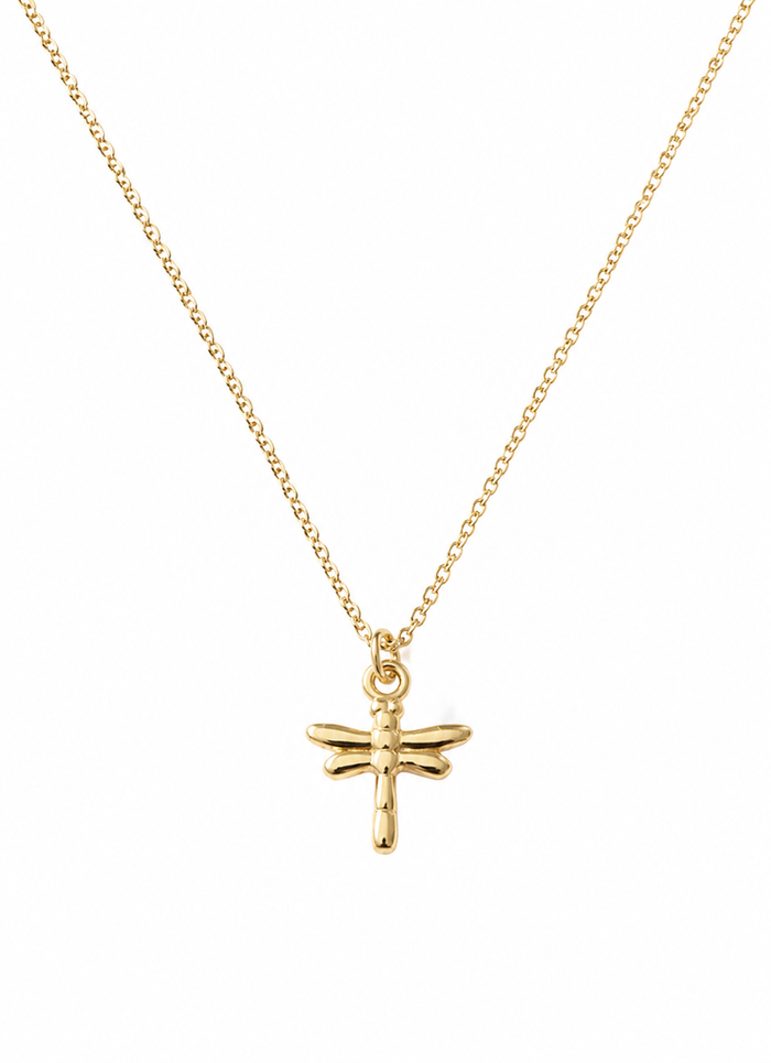 Gold necklace with a dragonfly pendant on a white background