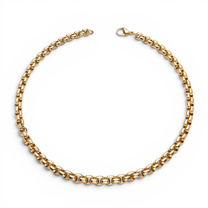 Gold IP plated stainless steel 8.5mm box chain necklace with polished and brushed finish on a white background