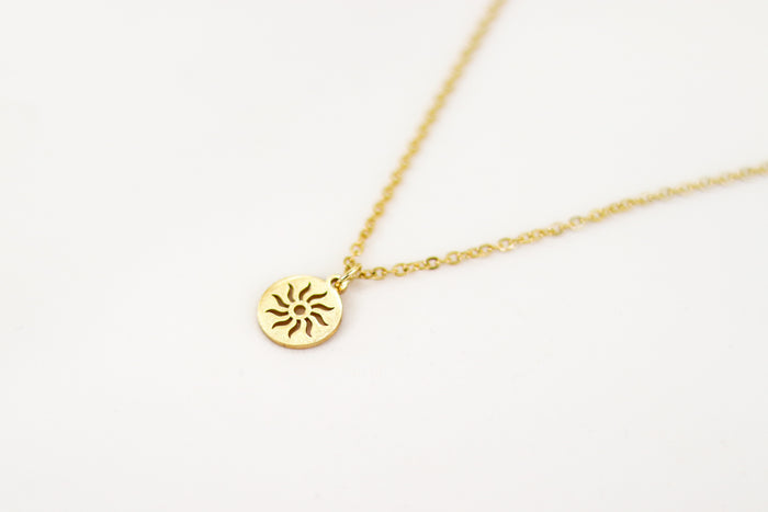 Gold tone circle sun necklace for women, stainless steel chain necklace