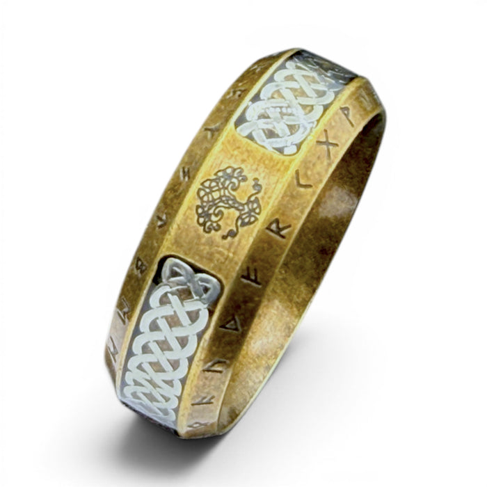 Gold tone Viking rune ring with Celtic knot detailing and engraved rune symbols on a white background.