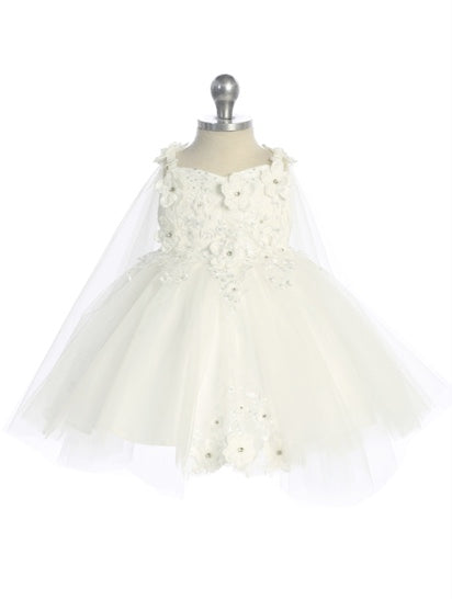 GORGEOUS 3D FLORAL BODICE WITH GLITTER TULLE SKIRT AND DETACHED CAPE