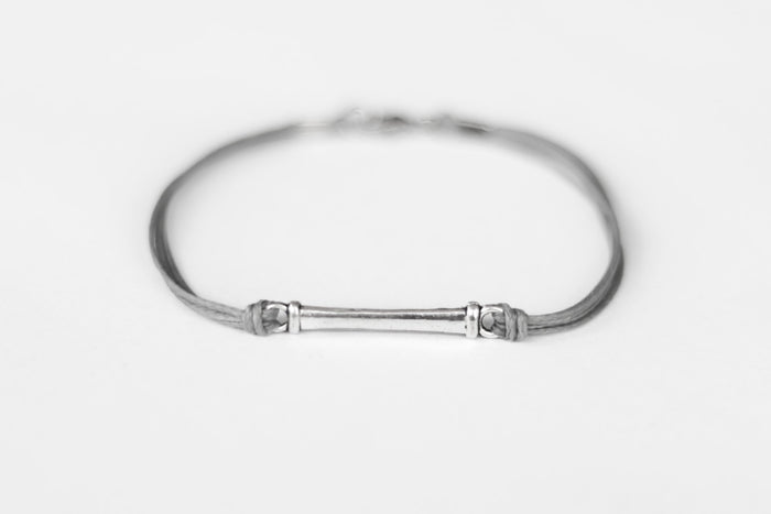 Gray cord bracelet for men with long silver bar - shani-adi-jewerly
