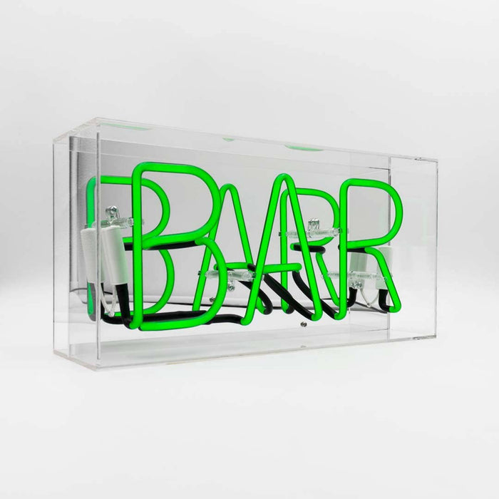Green Bar glass neon sign switched off inside a clear acrylic display case