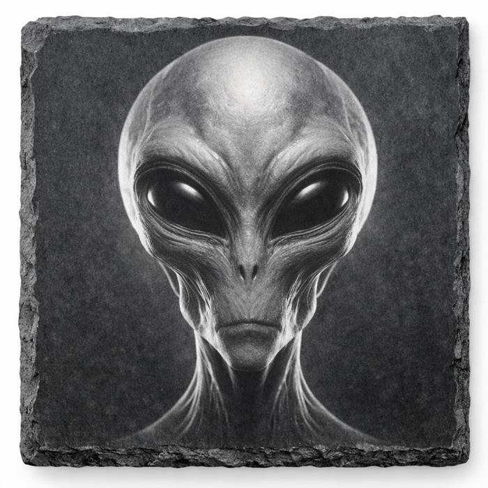 Laser engraved grey alien slate coaster on natural slate
