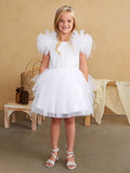 GRILS GLITTER BODICE WITH LACEAPPLIQUE AND FLUFFY SLEEVES WITH FEATHERS