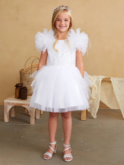 GRILS GLITTER BODICE WITH LACEAPPLIQUE AND FLUFFY SLEEVES WITH FEATHERS