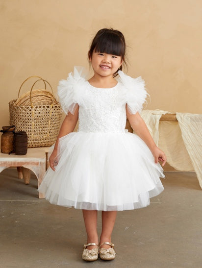 GRILS GLITTER BODICE WITH LACEAPPLIQUE AND FLUFFY SLEEVES WITH FEATHERS