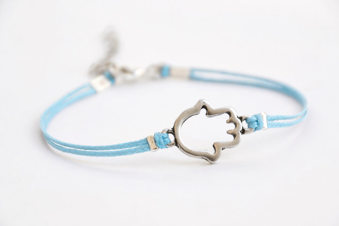 Blue cord bracelet with silver Hamsa charm - shani-adi-jewerly