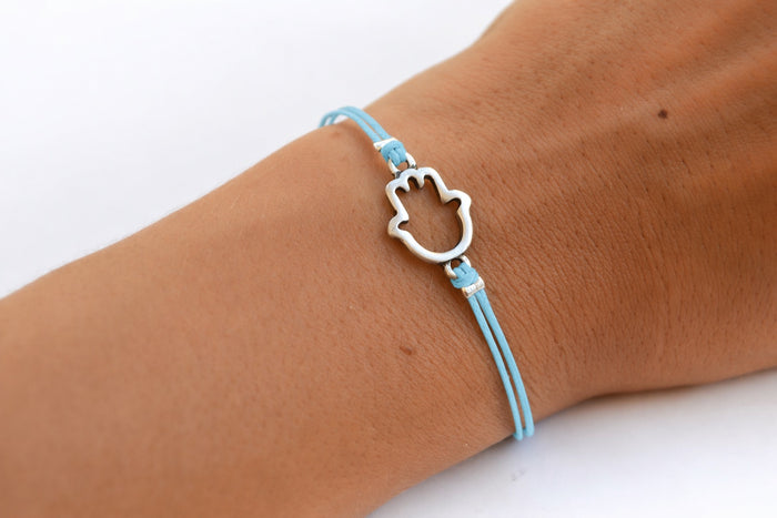 Blue cord bracelet with silver Hamsa charm - shani-adi-jewerly