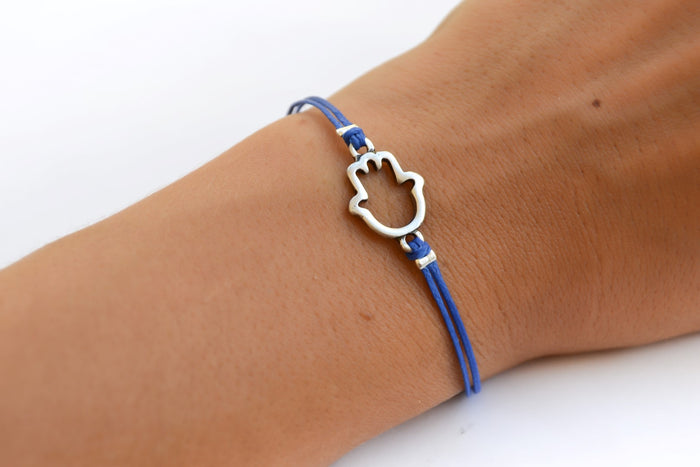 Hamsa bracelet for women with silver plated charm, evil eye protection, blue string gift for mom