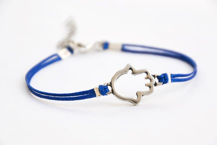 Hamsa bracelet for women with silver plated charm, evil eye protection, blue string gift for mom