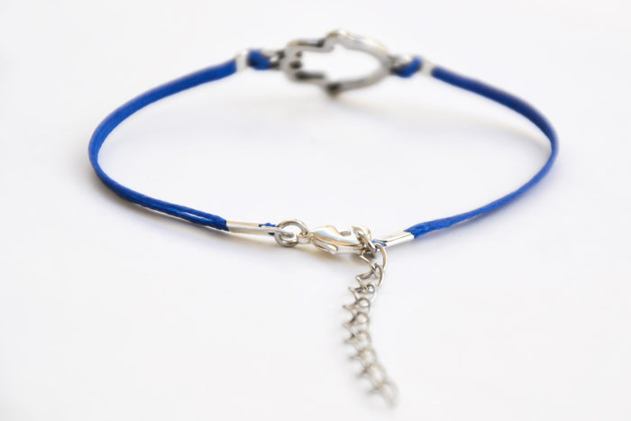 Hamsa bracelet for women with silver plated charm, evil eye protection, blue string gift for mom