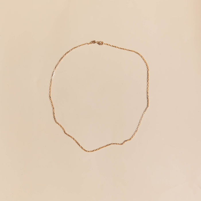 The Harlow Chain by LLUME Jewelry, a delicate 18k gold filled necklace with a subtle twisted design, is arranged in an uneven oval on a light beige background.