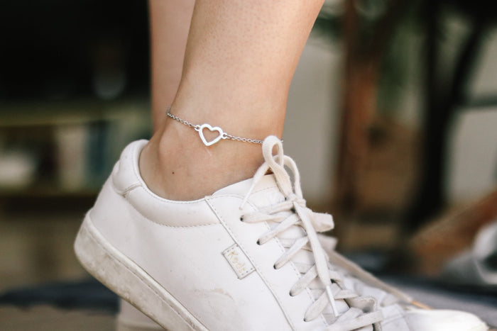 Heart anklet, waterproof silver chain ankle bracelet, custom length, festival jewelry