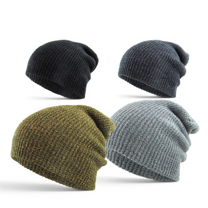 Collage showing Heather Slouch Beanies in black, dark grey, olive and light grey colour options with relaxed oversized fit styling.