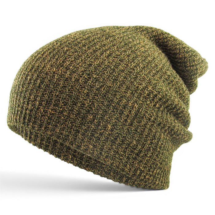 Olive heather knit slouch beanie with relaxed oversized fit and soft textured finish.