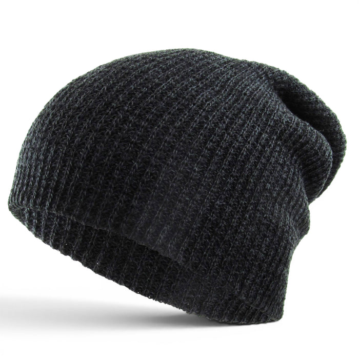 Black heather knit slouch beanie with relaxed oversized fit and casual styling.