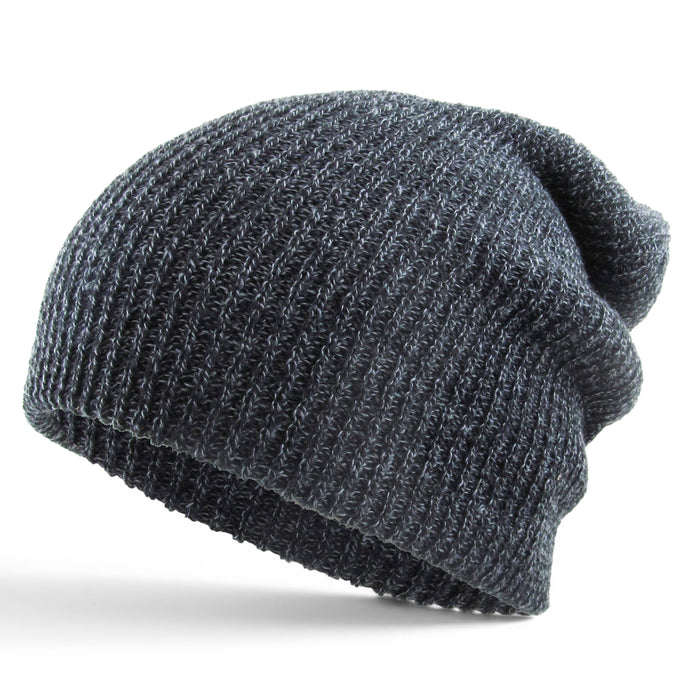 Dark grey heather knit slouch beanie with soft stretch knit and slouch fit.