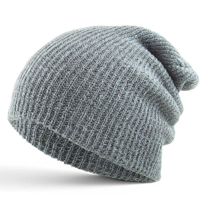 Light grey heather knit slouch beanie with relaxed fit and textured knit finish.