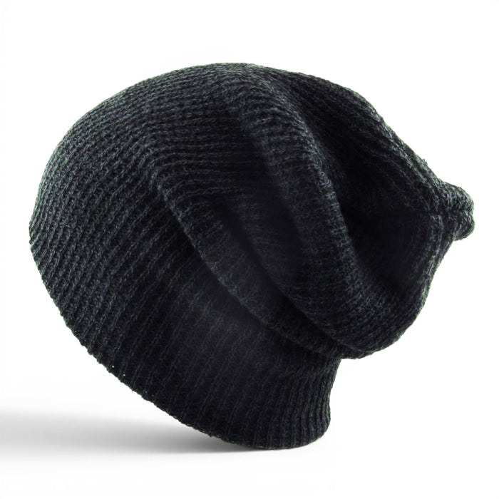 Rear view of black heather knit slouch beanie showing oversized shape and stretch fit.