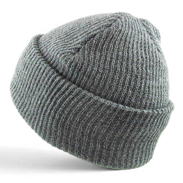Close up view of light grey heather slouch beanie showing soft textured knit and relaxed oversized fit.