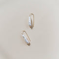 The LLUME Jewelry Here to Stay Earrings feature minimalist, irregularly shaped white freshwater pearls on thin gold plated hooks, showcased against a neutral light beige background.