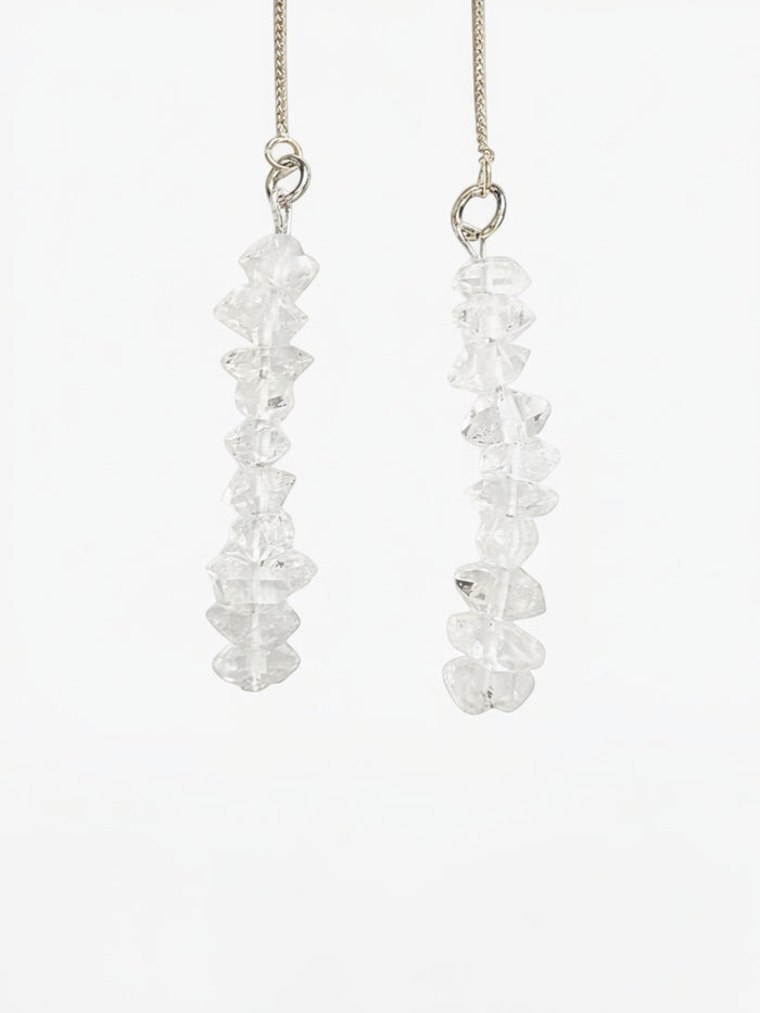 stem&stone clear Herkimer diamond threader earrings with stacked faceted stones on sterling silver chain.