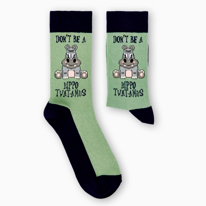 pair of Hippo-Twat-Amus novelty socks laid flat showing full design
