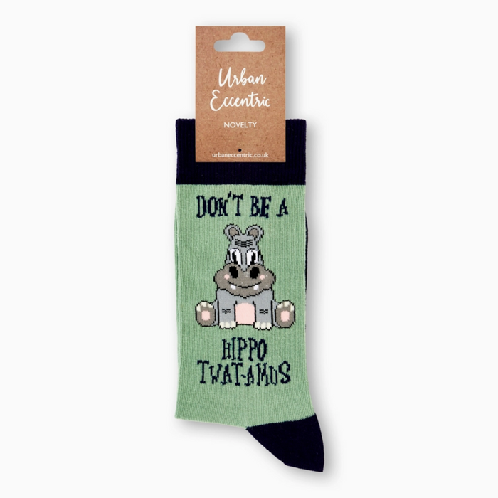 Hippo-Twat-Amus socks with retail tag visible