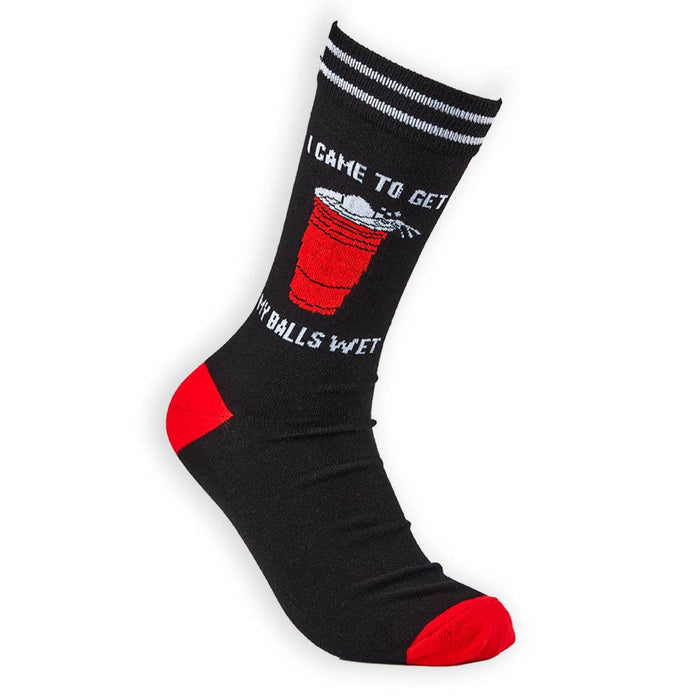 I Came To Get My Balls Wet novelty socks black and red main view with pint design