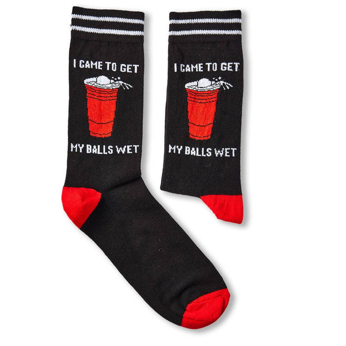 pair of I Came To Get My Balls Wet novelty socks laid flat showing full design