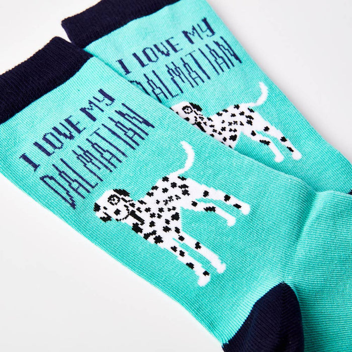 close up of I Love My Dalmatian socks showing dog design and text