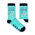pair of I Love My Dalmatian novelty socks laid flat showing full design