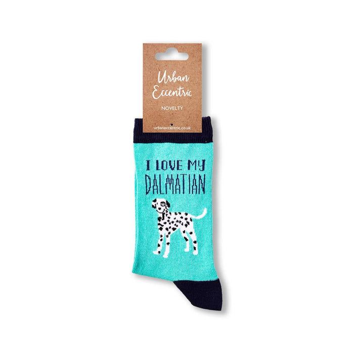 I Love My Dalmatian socks with retail packaging label visible