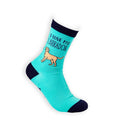 Teal sock with a dog illustration and 'I love my Labrador' text on a white background