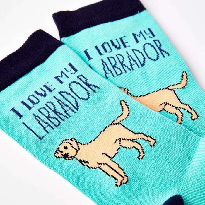 Pair of socks with 'I love my Labrador' text and dog illustrations on a light blue background.