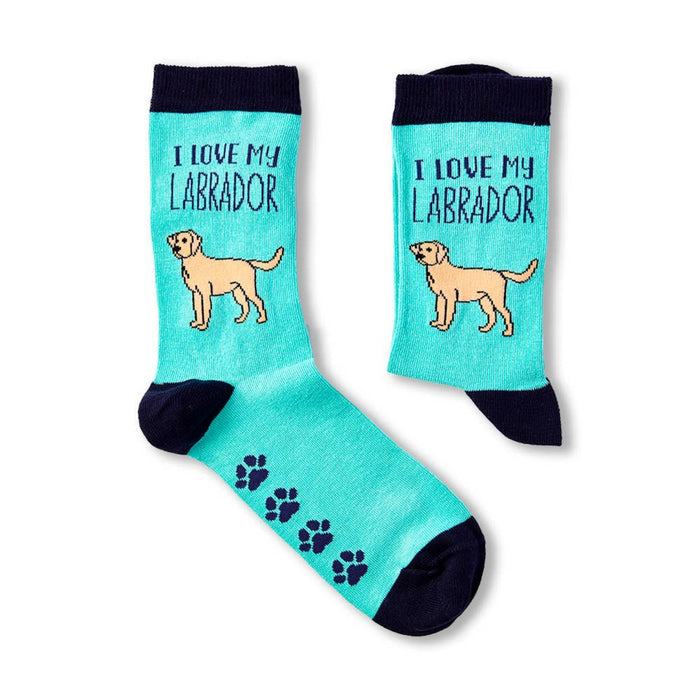 Turquoise socks with a Labrador illustration and 'I Love My Labrador' text on a white background