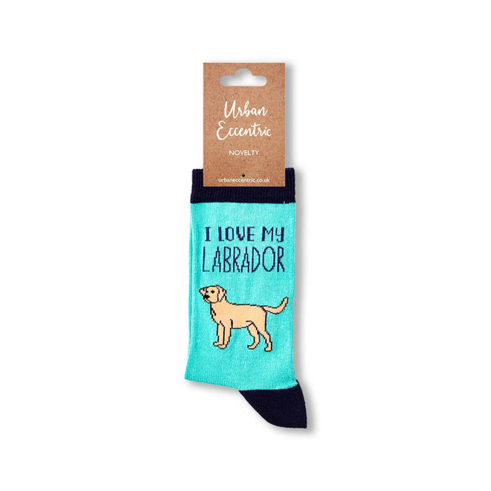 Turquoise sock with 'I Love My Labrador' text and dog illustration, on a white background