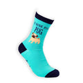 Turquoise sock with a pug illustration and text on a white background