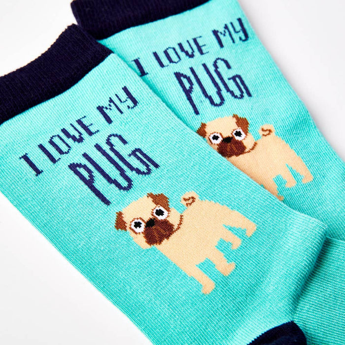 Turquoise socks with pug illustrations and 'I love my pug' text on a white background
